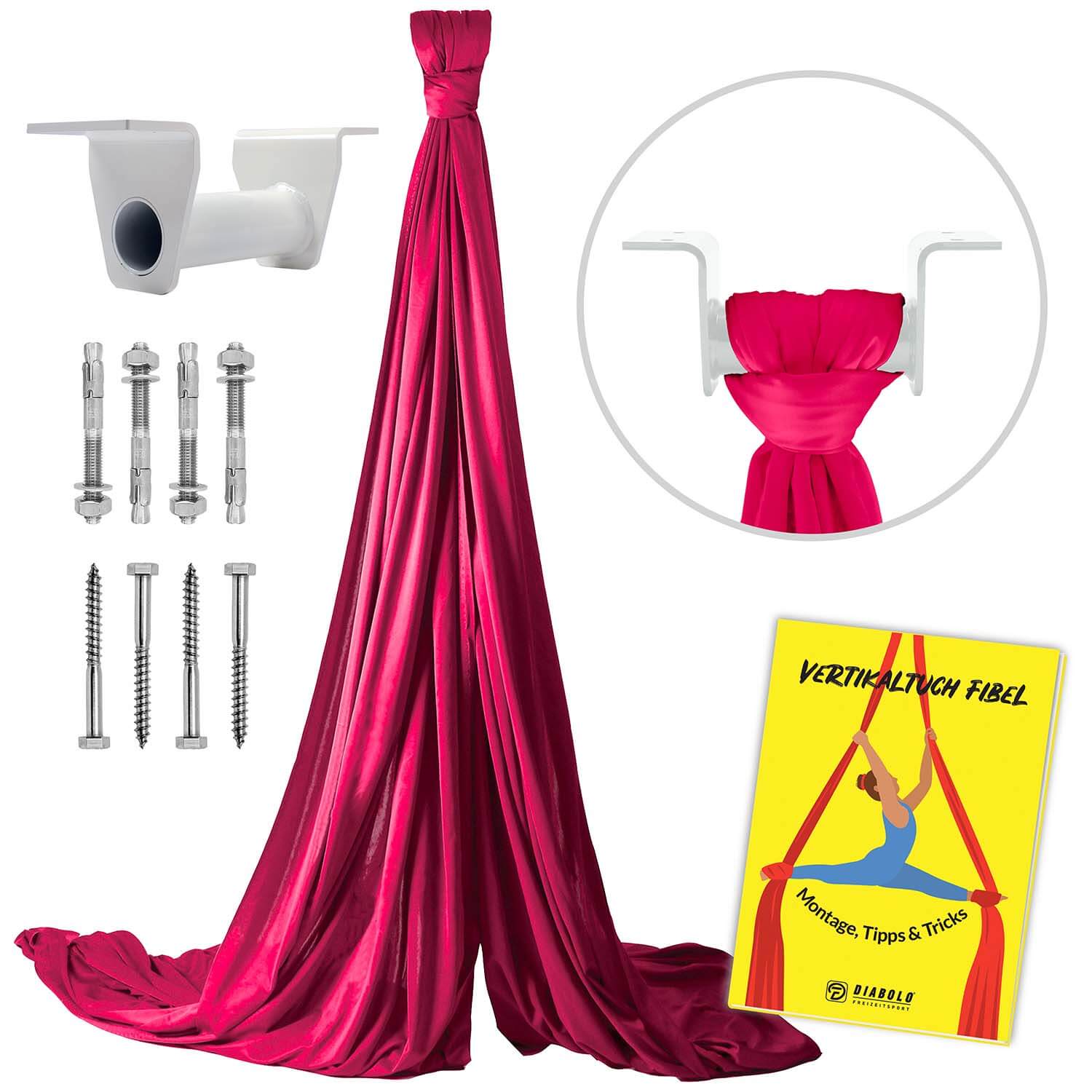Diabolo Freizeitsport - Vertikaltuch Pink mit Deckenhalterung Weiß mit Anleitungsheft
