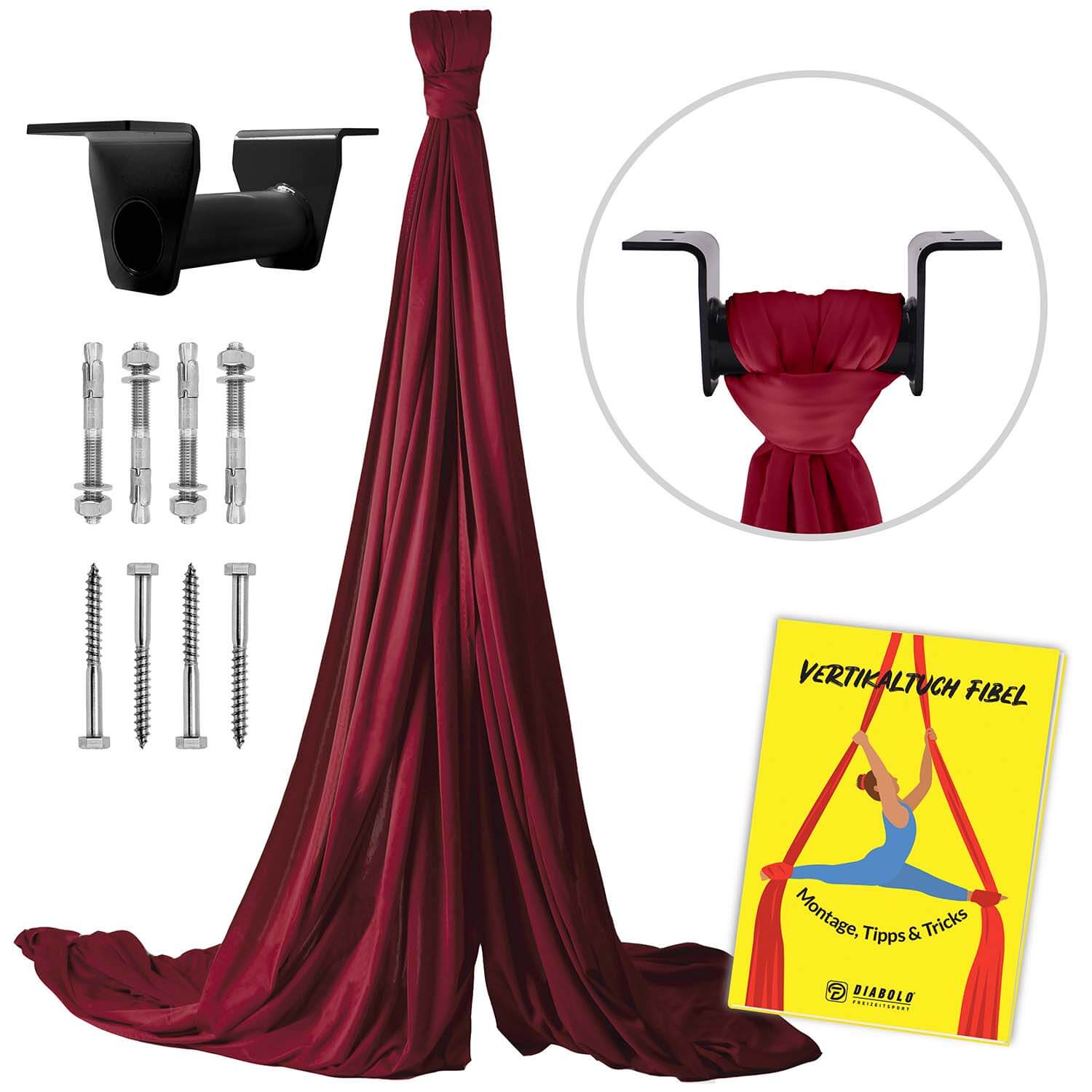 Diabolo Freizeitsport - Vertikaltuch Maroon mit Deckenhalterung Schwarz mit Anleitungsheft Diabolo Freizeitsport - Vertikaltuch Maroon mit Deckenhalterung Schwarz mit Anleitungsheft