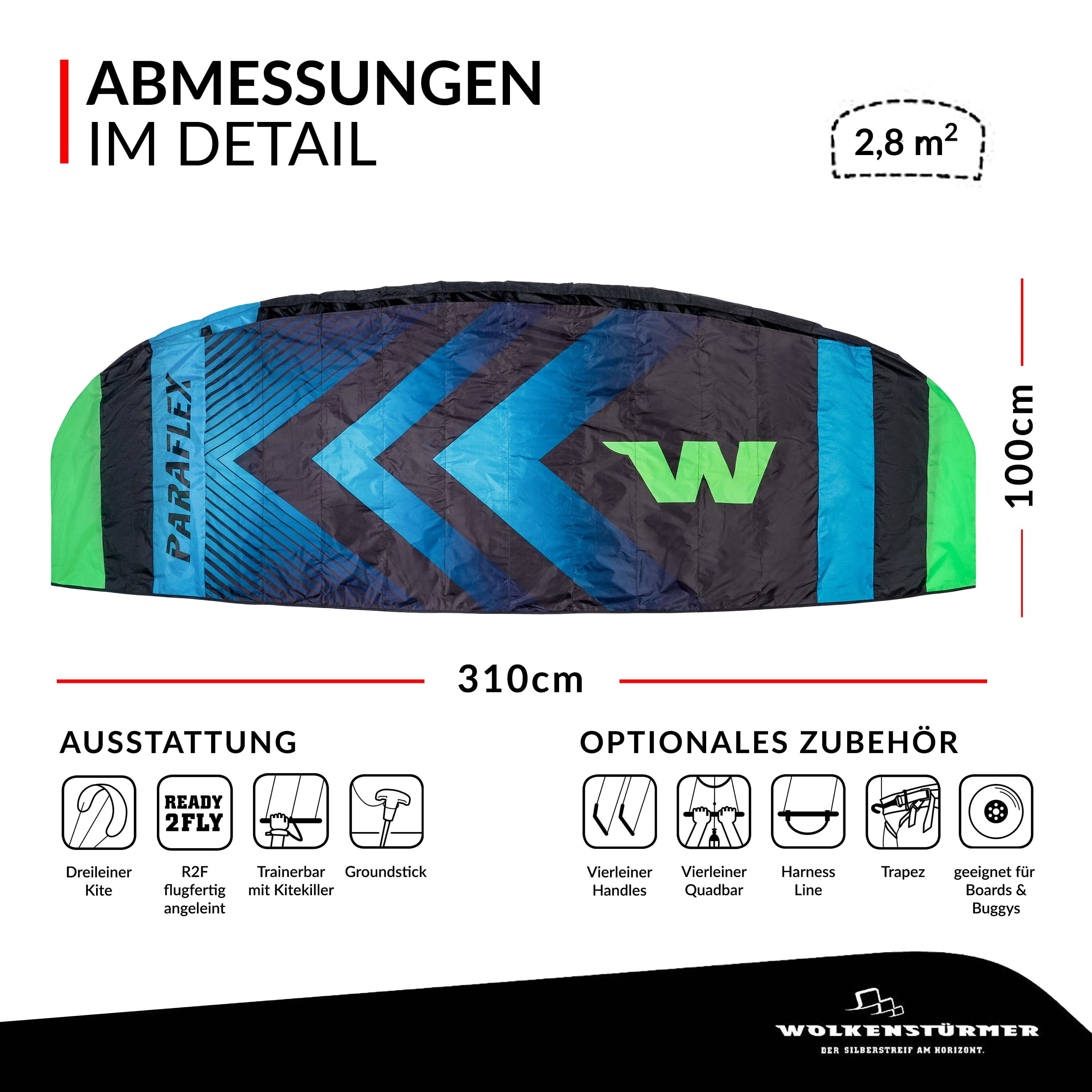 Wolkenstürmer Lenkmatte Paraflex Trainer 3.1 schwarz-türkis als Grafik mit Maßangaben