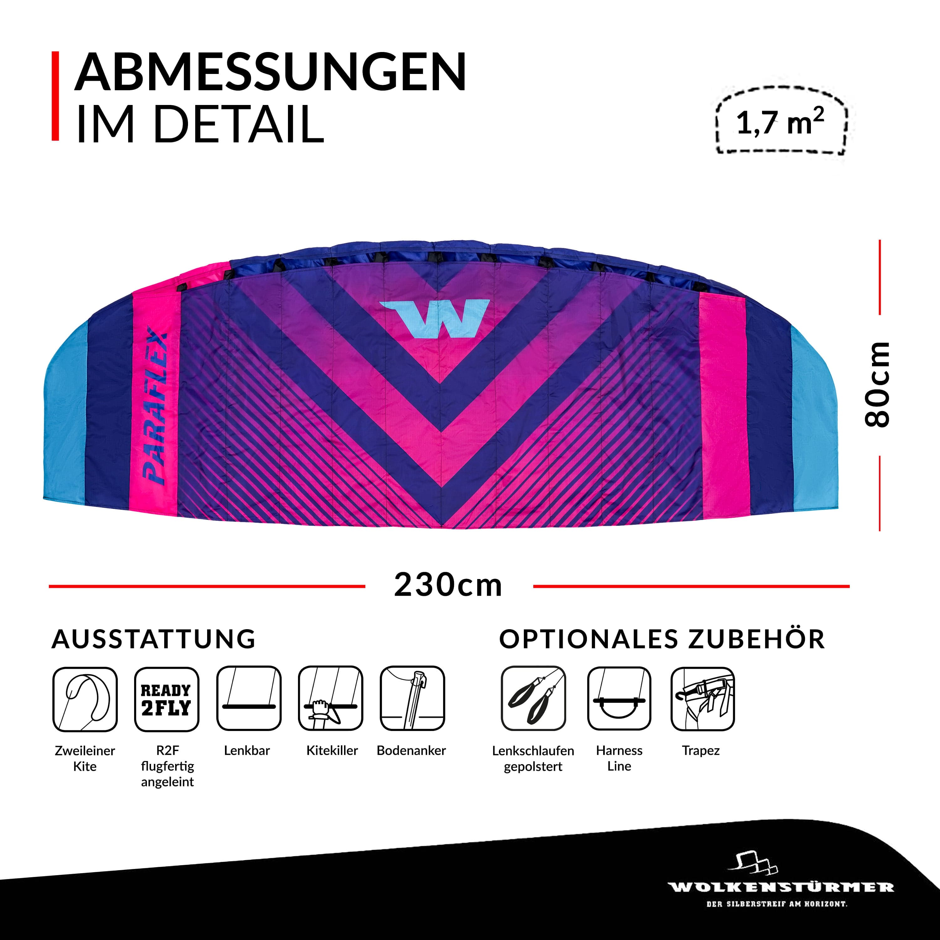 Wolkenstürmer Lenkmatte Paraflex Sport 2.3 blau-pink als Grafik mit Maßangaben