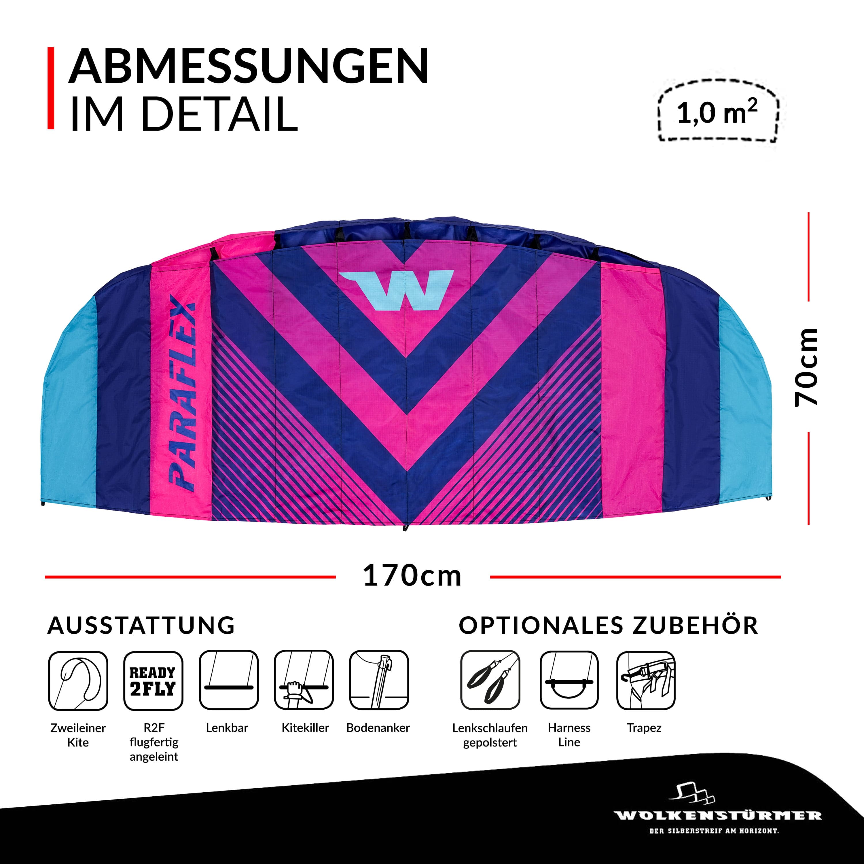 Wolkenstürmer Paraflex Sport 1.7 blau-pink als Übersicht Wolkenstürmer Lenkmatte Paraflex Sport 1.7 blau-pink als Grafik mit Maßangaben