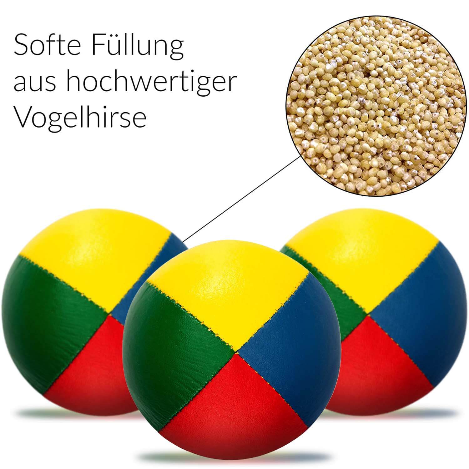 Diabolo Freizeitsport - Jonglierball 5er Set Premium Soft mit Hochwertiger Vogelhirse