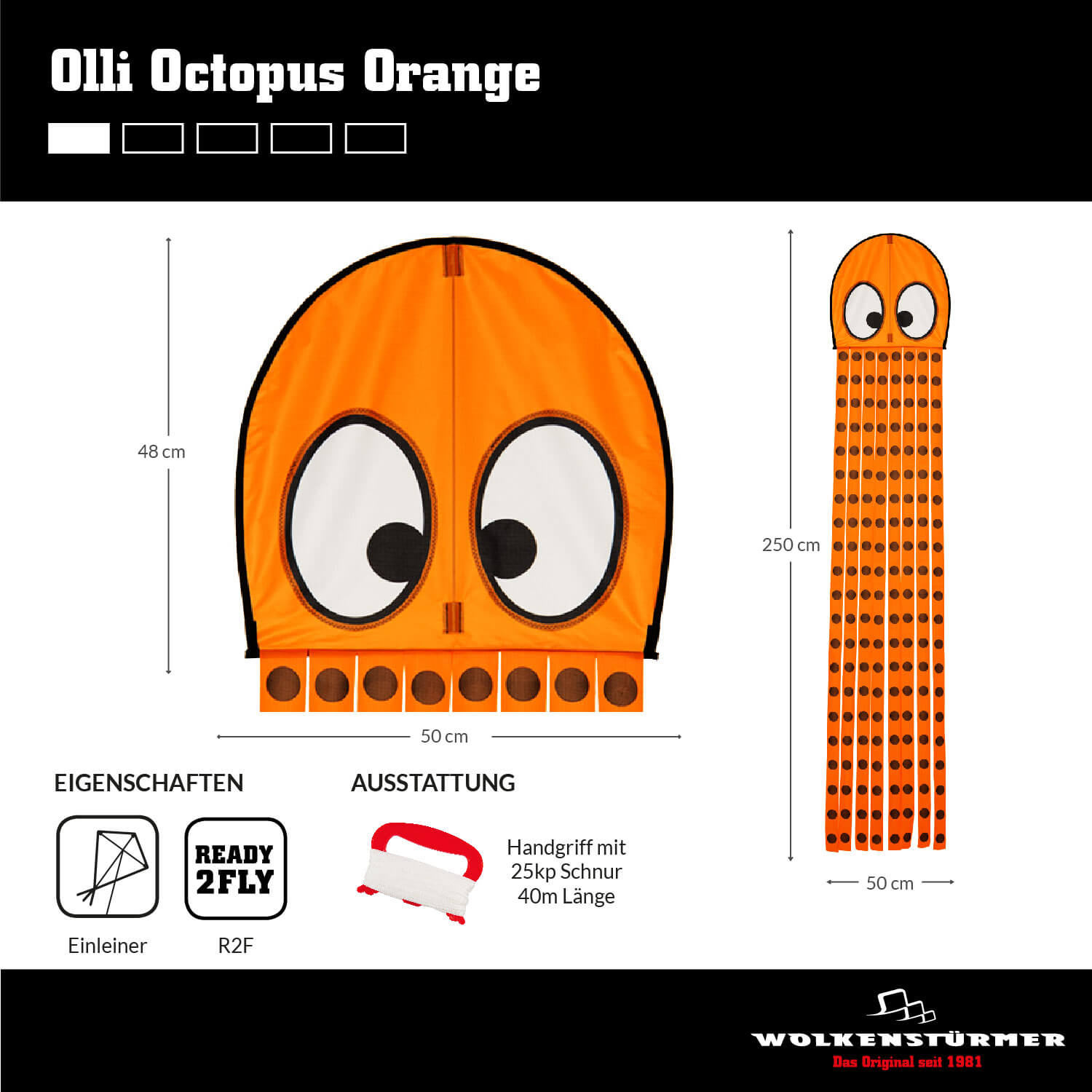 Wolkenstürmer - Kinderdrachen Olli Octopus Krake in Orange Maße Wolkenstürmer - Kinderdrachen Olli Octopus Krake in Orange Maße