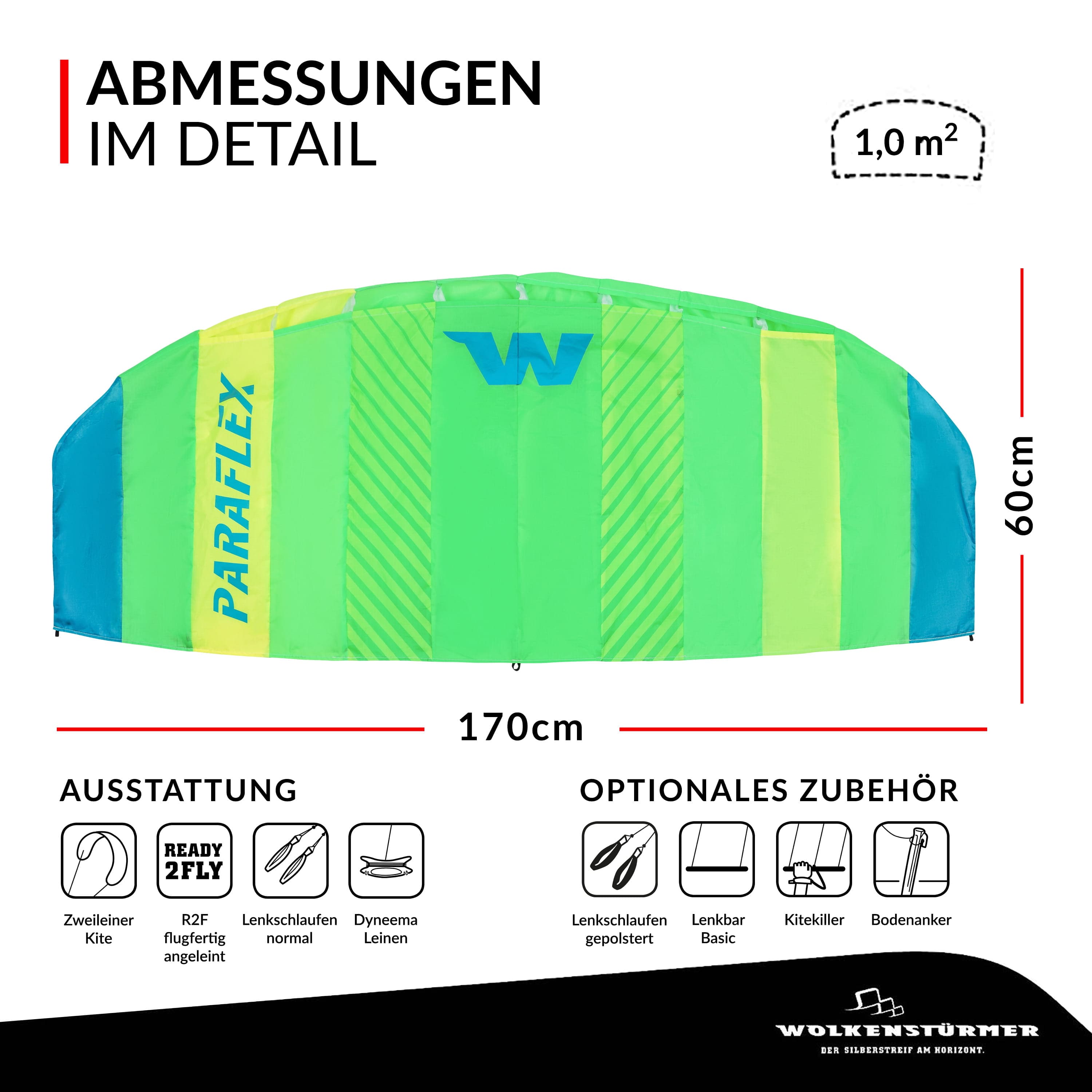 Wolkenstürmer Lenkmatte Paraflex Basic 1.7 grün gelb als Grafik mit Maßangaben
