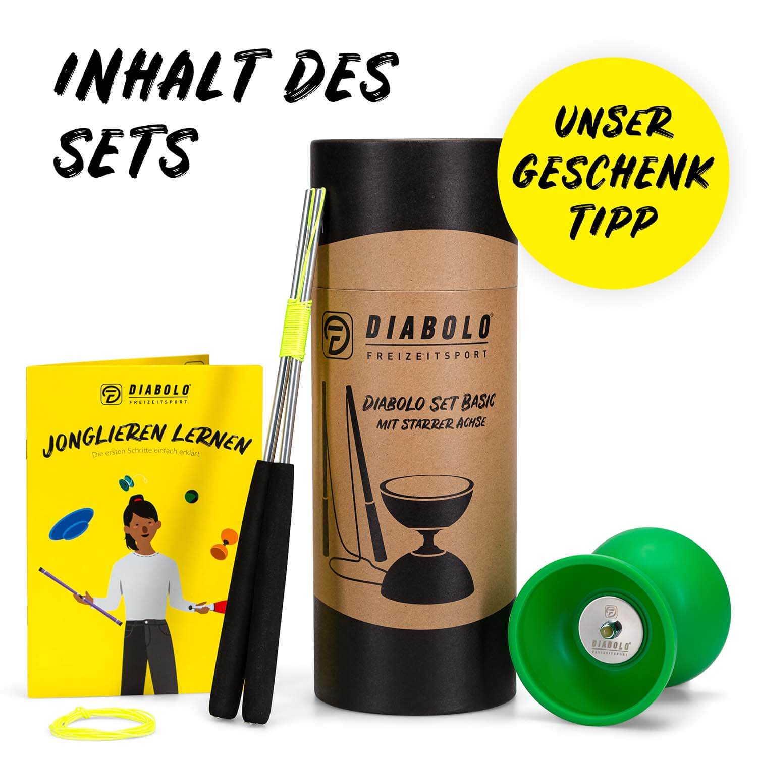 Diabolo Freizeitsport - Diabolo Set Basic Grün Setinhalt