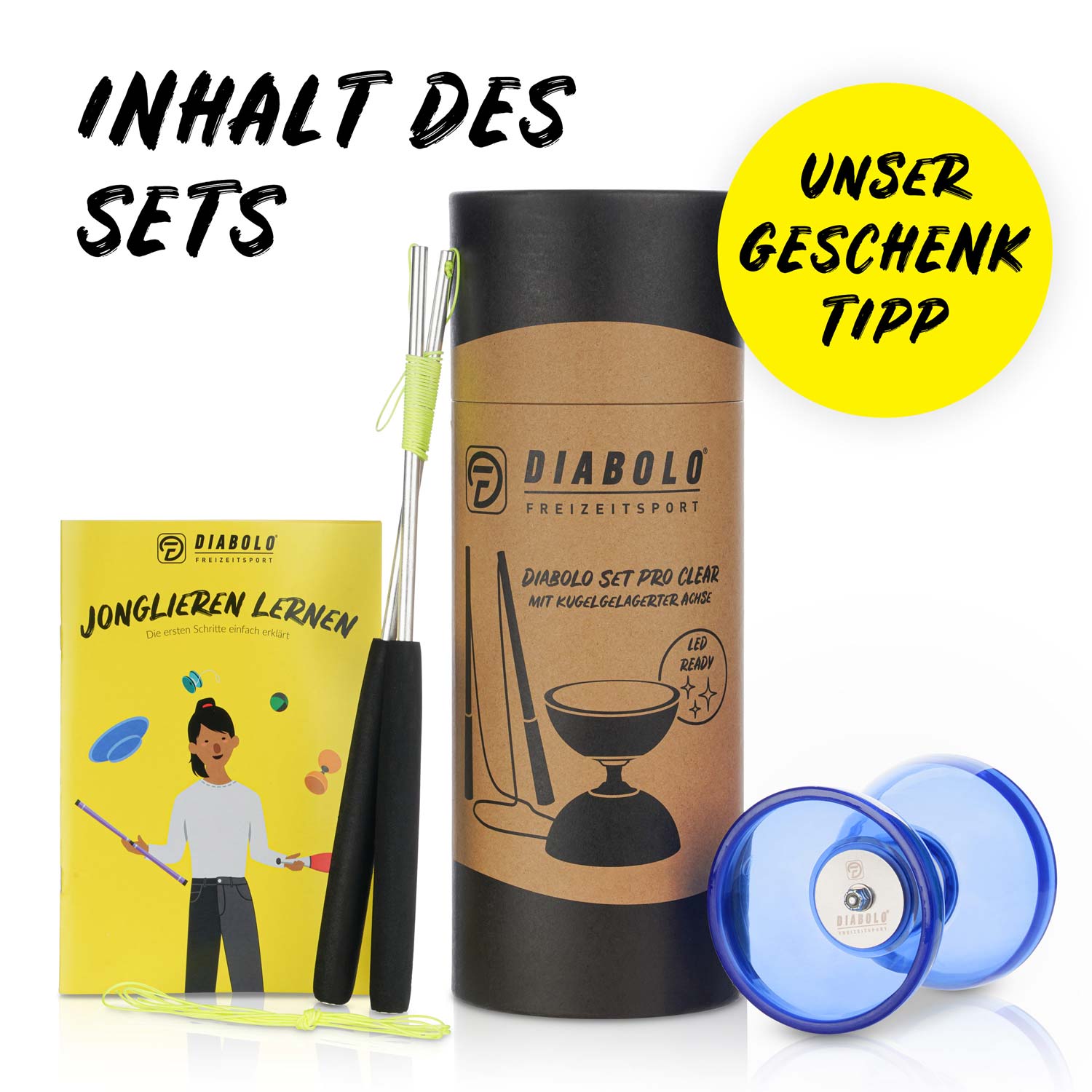 Diabolo Freizeitsport - Diabolo Set Pro Clear Set Blau Inhalt