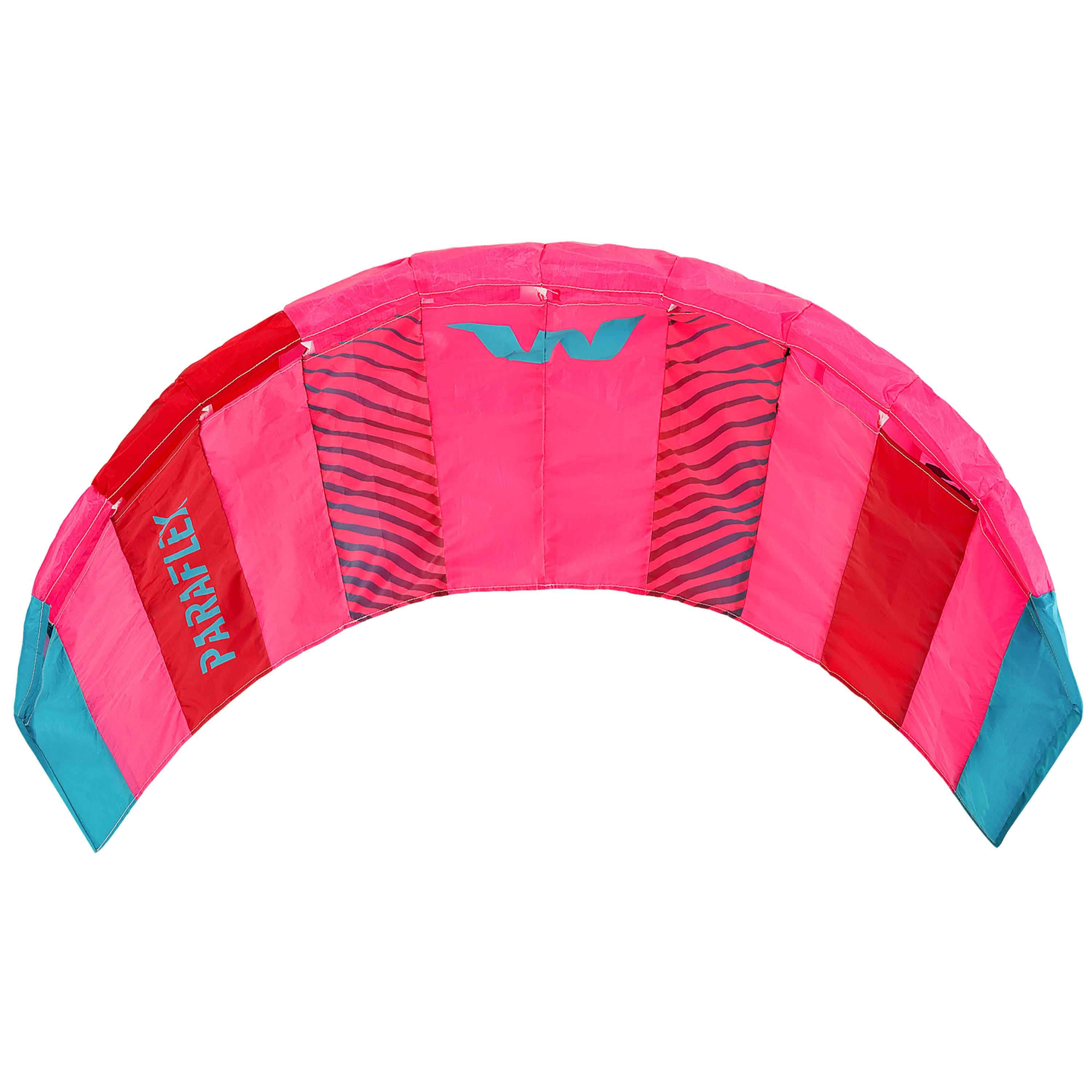 Wolkenstürmer Einsteigerkite zum Lenkdrachenfliegen in pink-roten Farben in sehr guter Qualität online kaufen! Rosarote Lenkdrachen mit zwei Leinen und Luftkammern auf weißen Hintergrund