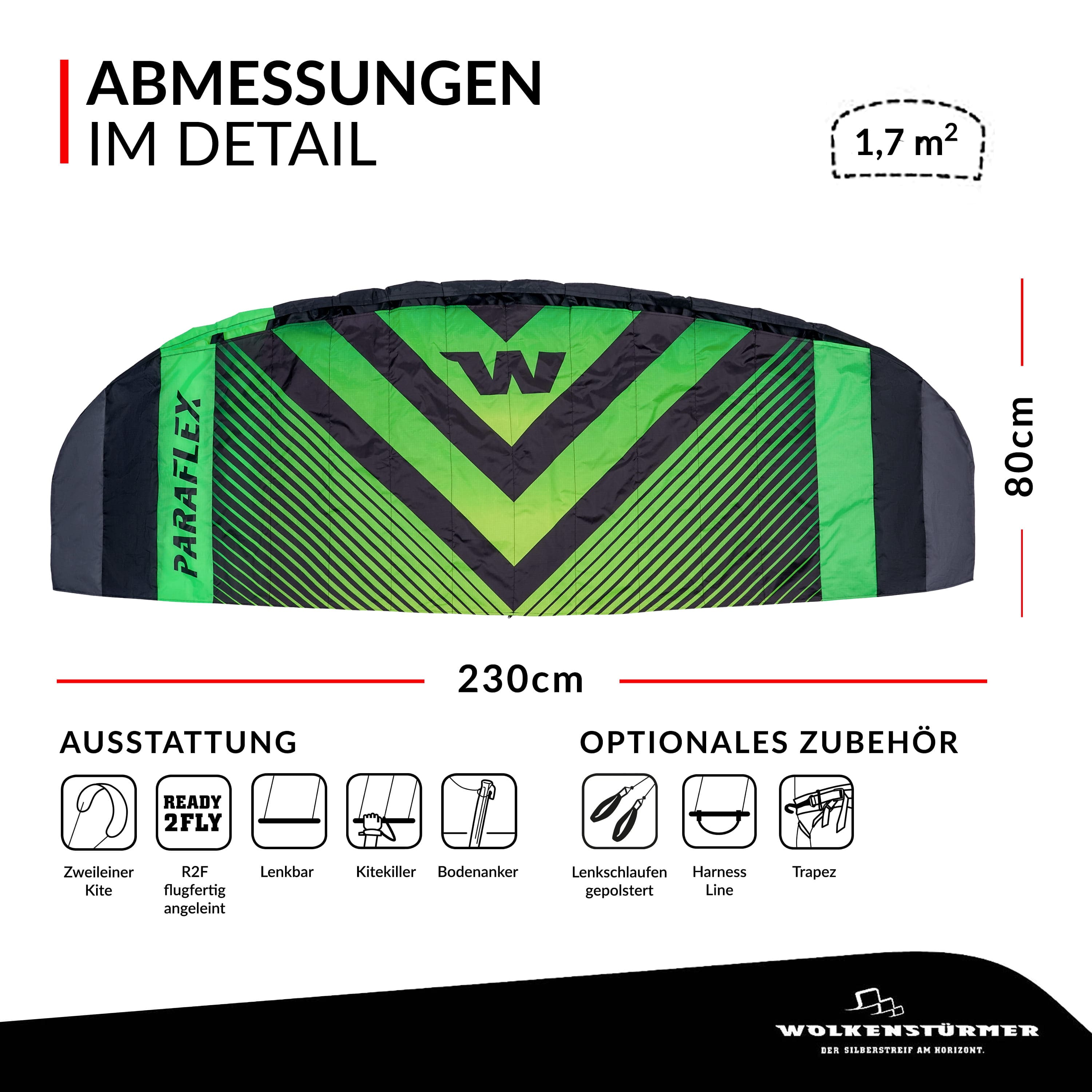 Wolkenstürmer Lenkmatte Paraflex Sport 2.3 schwarz-grün als Grafik mit Maßangaben