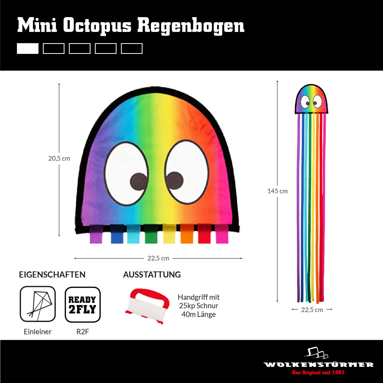 Wolkenstürmer - Kinderdrachen Mini Octopus Krake in Regenbogen Maße