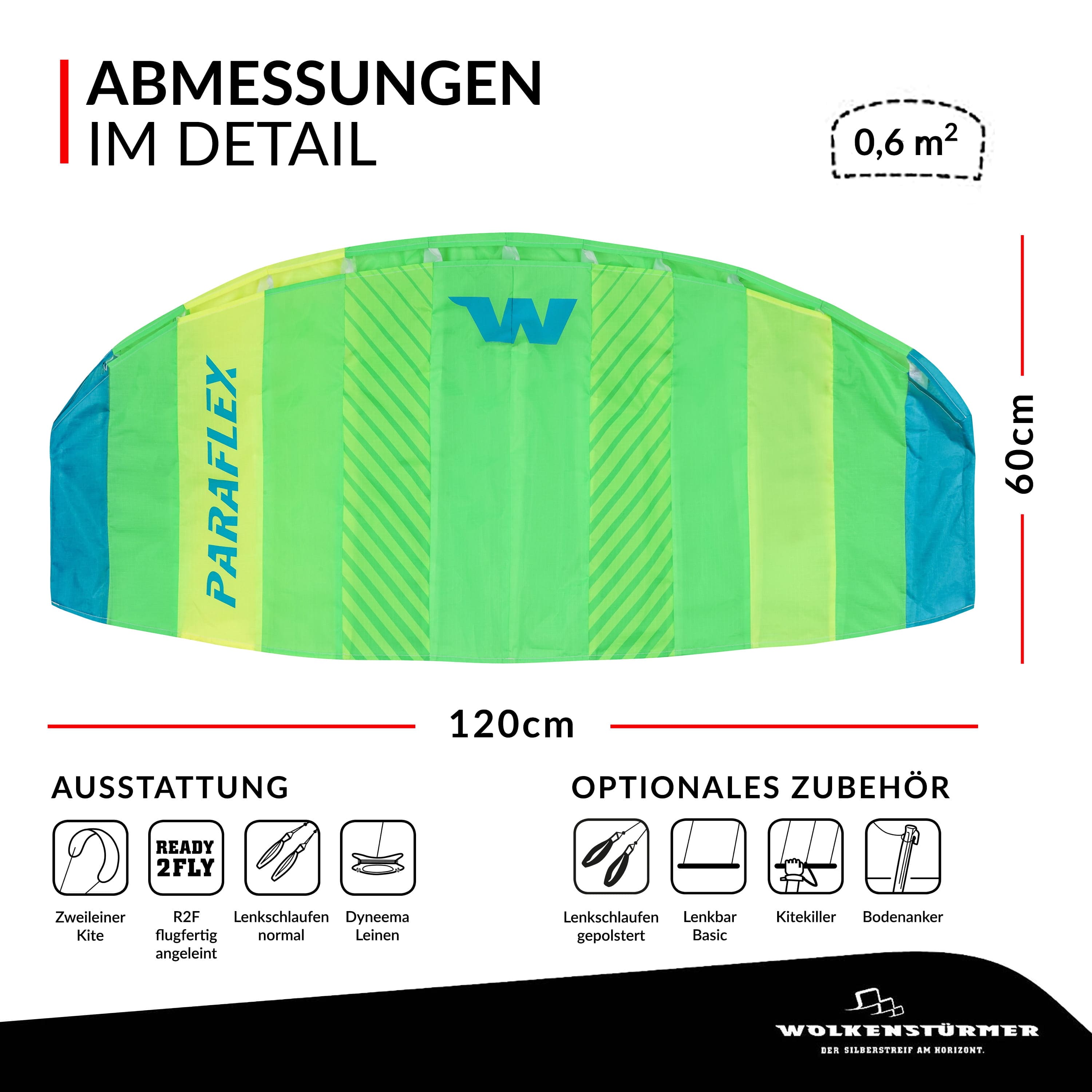 Wolkenstürmer Lenkmatte Paraflex Basic 1.2 grün-gelb als Grafik mit Maßangaben