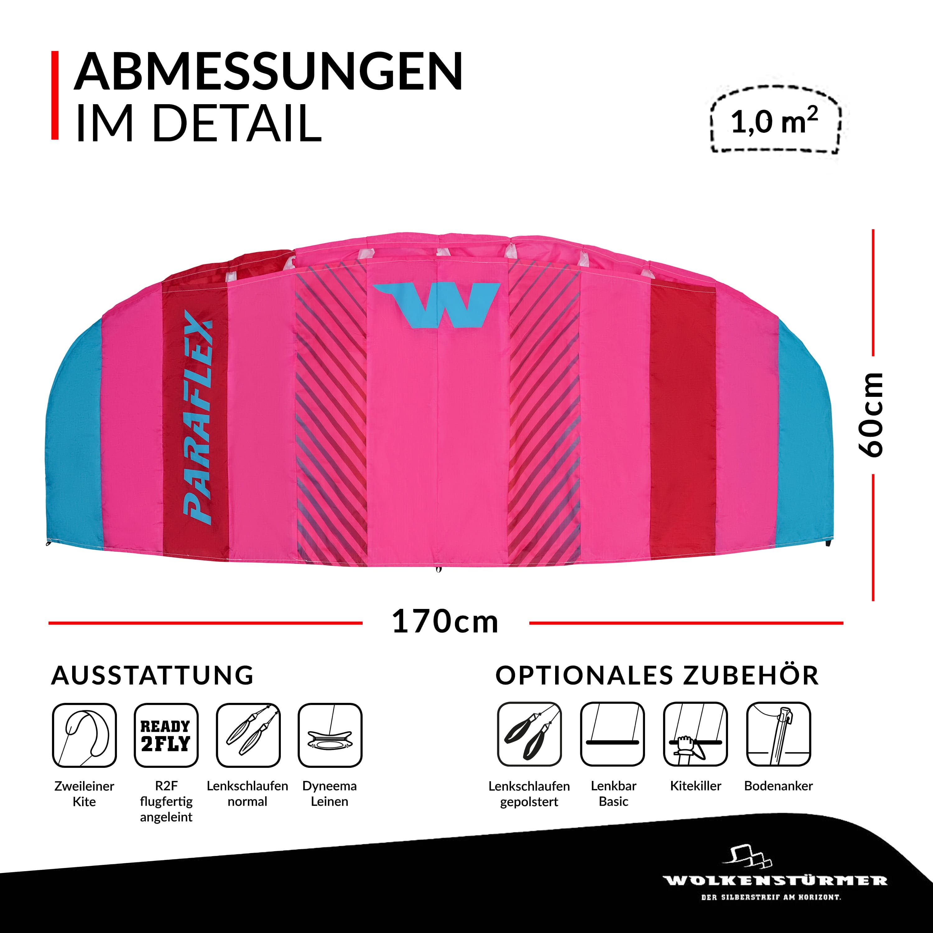 Wolkenstürmer Lenkmatte Paraflex Basic 1.7 pink rot als Grafik mit Maßangaben