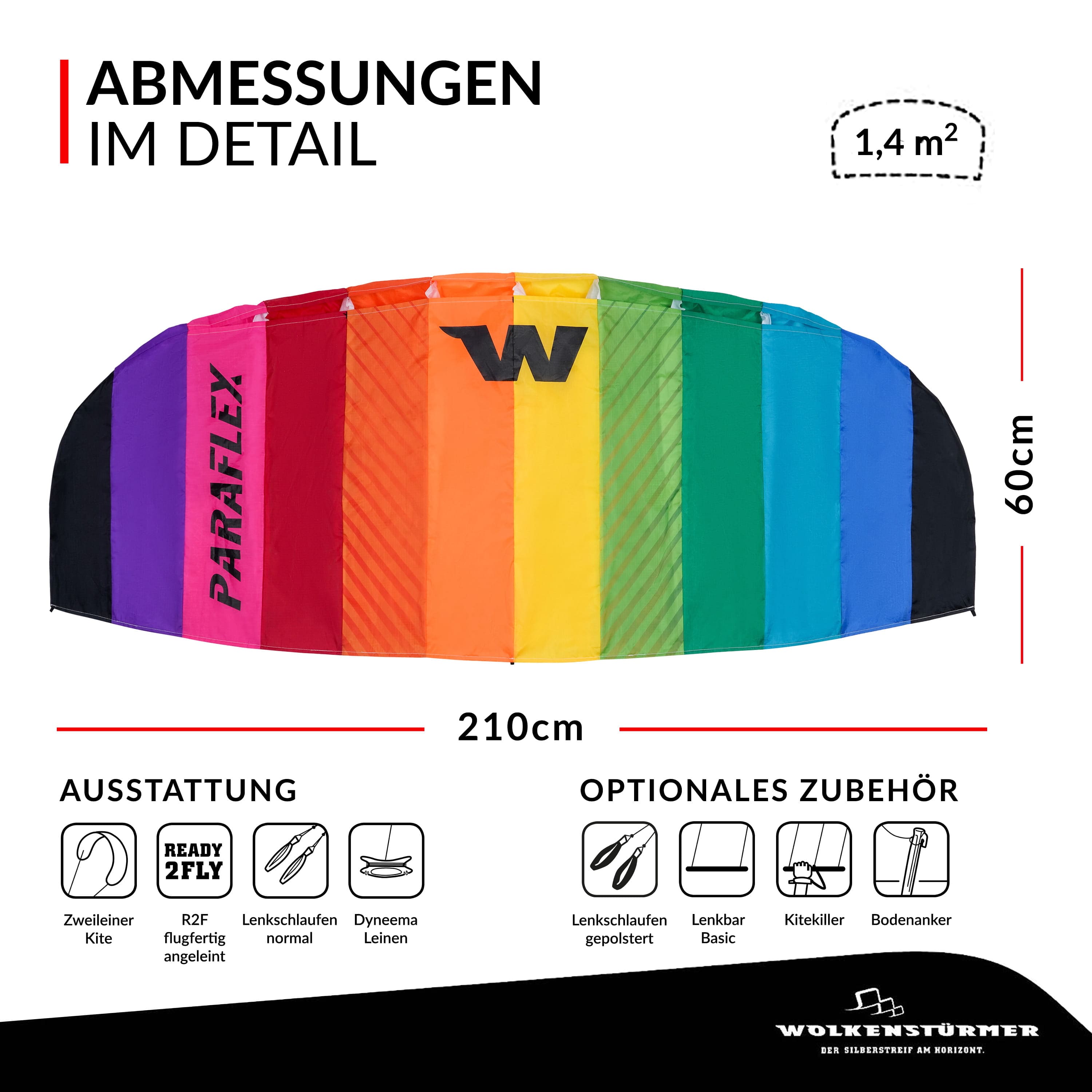 Wolkenstürmer Lenkmatte Paraflex Basic 2.1 regenbogen als Grafik mit Maßangaben