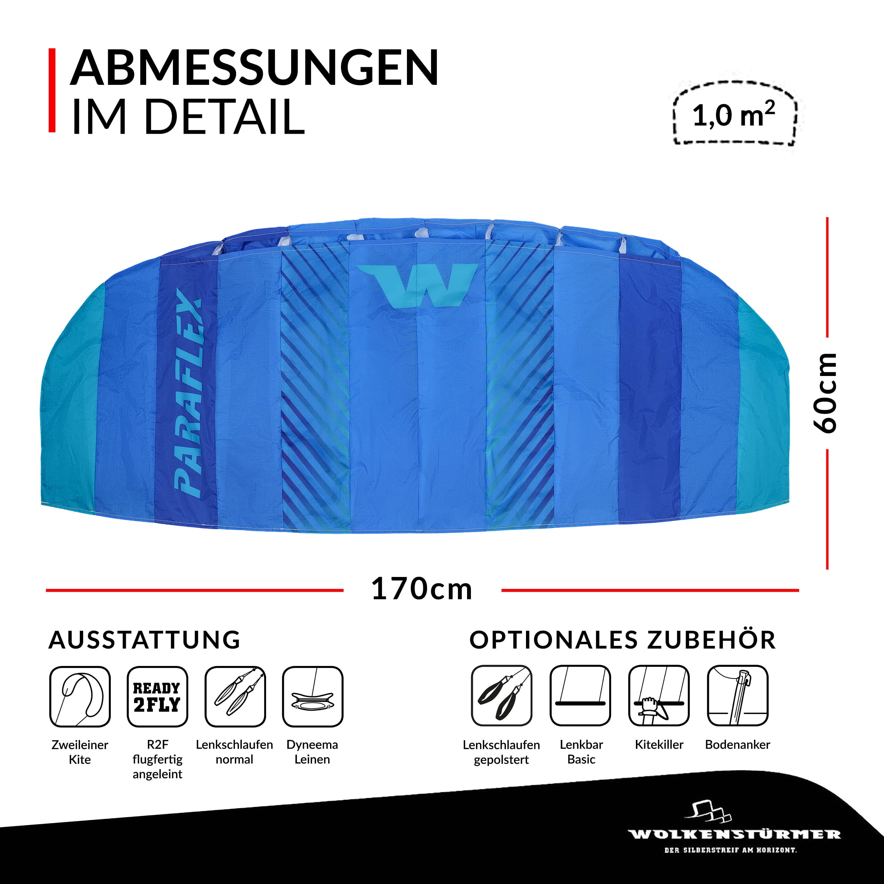 Wolkenstürmer Lenkmatte Paraflex Basic 1.7 blau türkis als Grafik mit Maßangaben