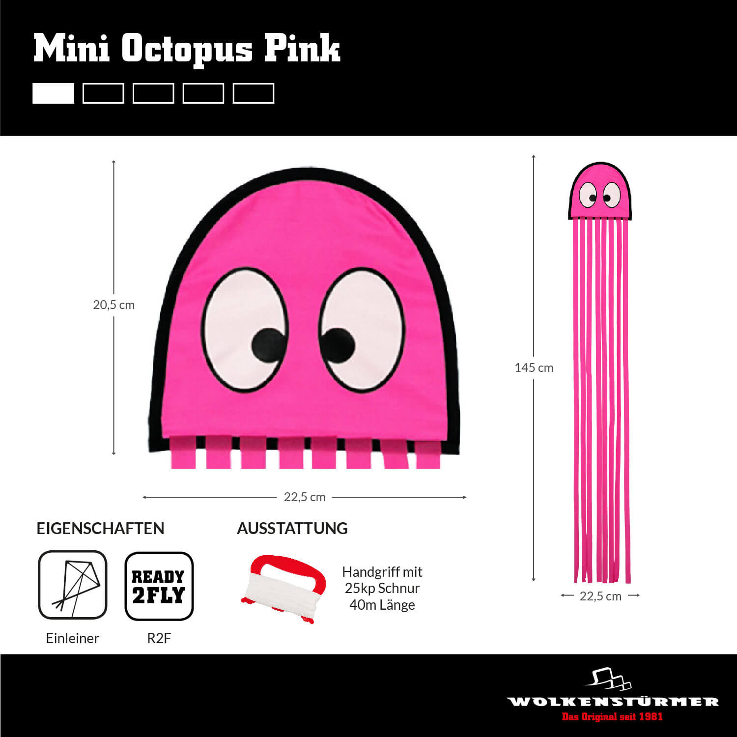 Wolkenstürmer - Kinderdrachen Mini Octopus Krake in Pink Maße