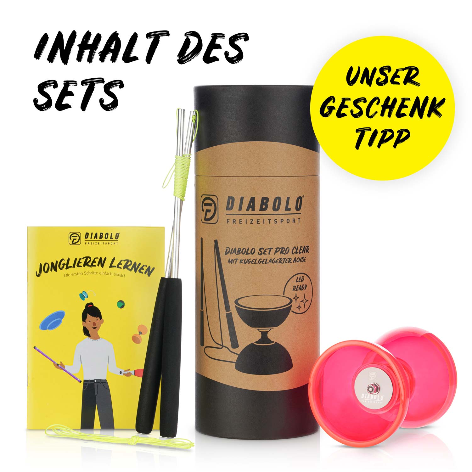 Diabolo Freizeitsport - Diabolo Set Pro Clear Set Rot Inhalt