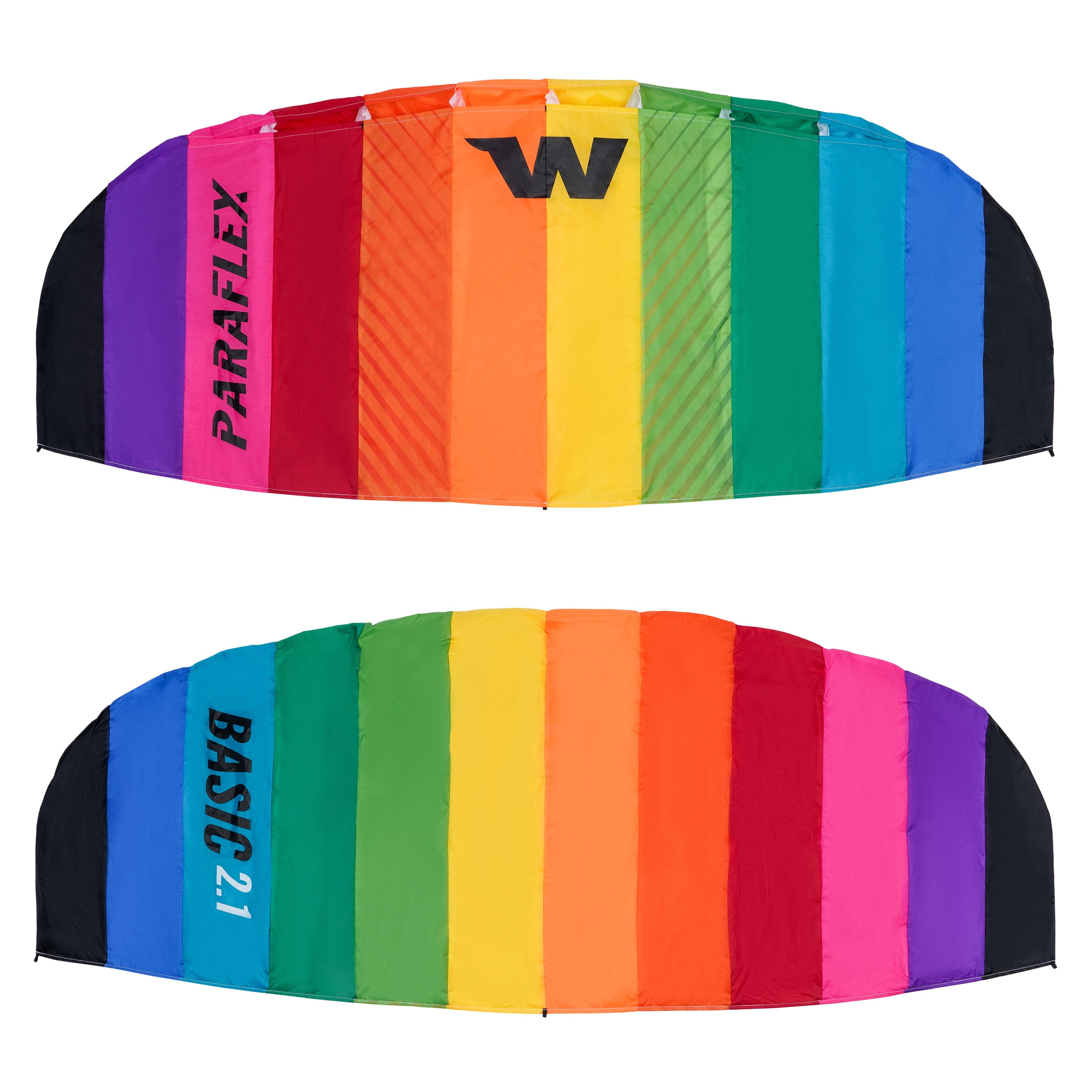 Wolkenstürmer stabiler Kinderlenkdrachen ohne Stangen in bunten Farben für Einsteiger hier kaufen! Regenbogen Lenkmatte Vorderseite und Rückseite mit Wolkenstürmer Logo auf weißen Hintergrund