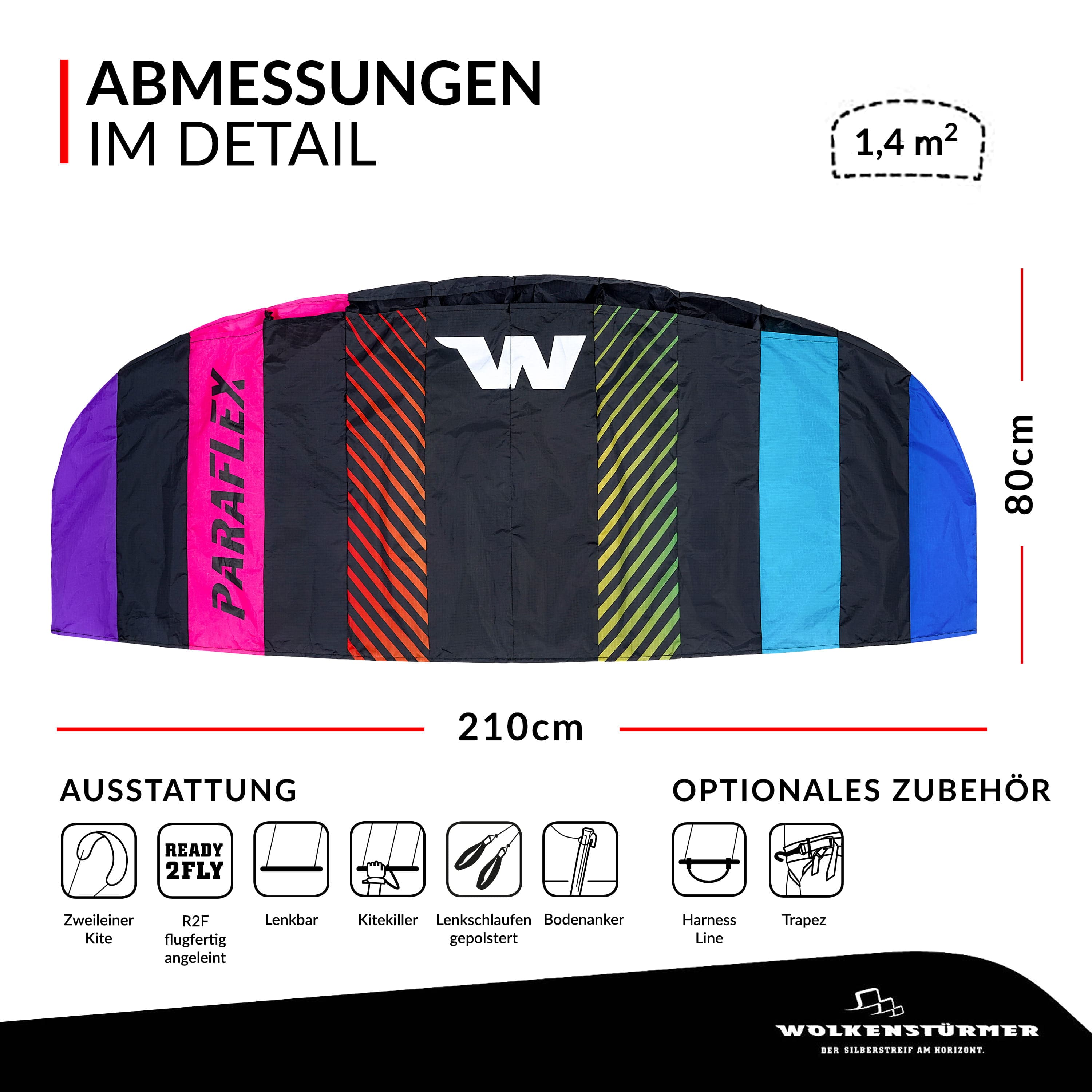 Wolkenstürmer Lenkmatte Paraflex 2.1 SE schwarz-regenbogen als Grafik mit Maßangaben