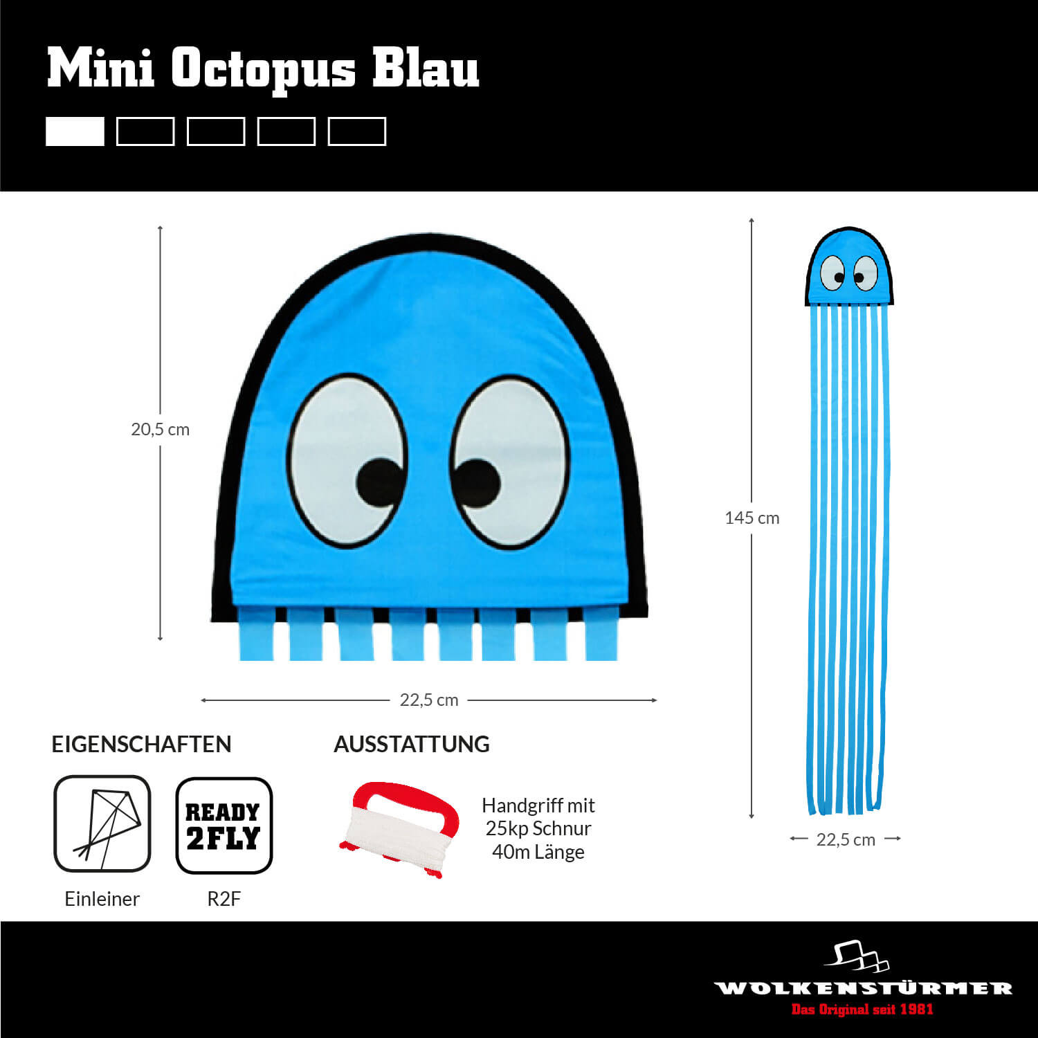 Wolkenstürmer - Kinderdrachen Mini Octopus Krake in Blau Maße