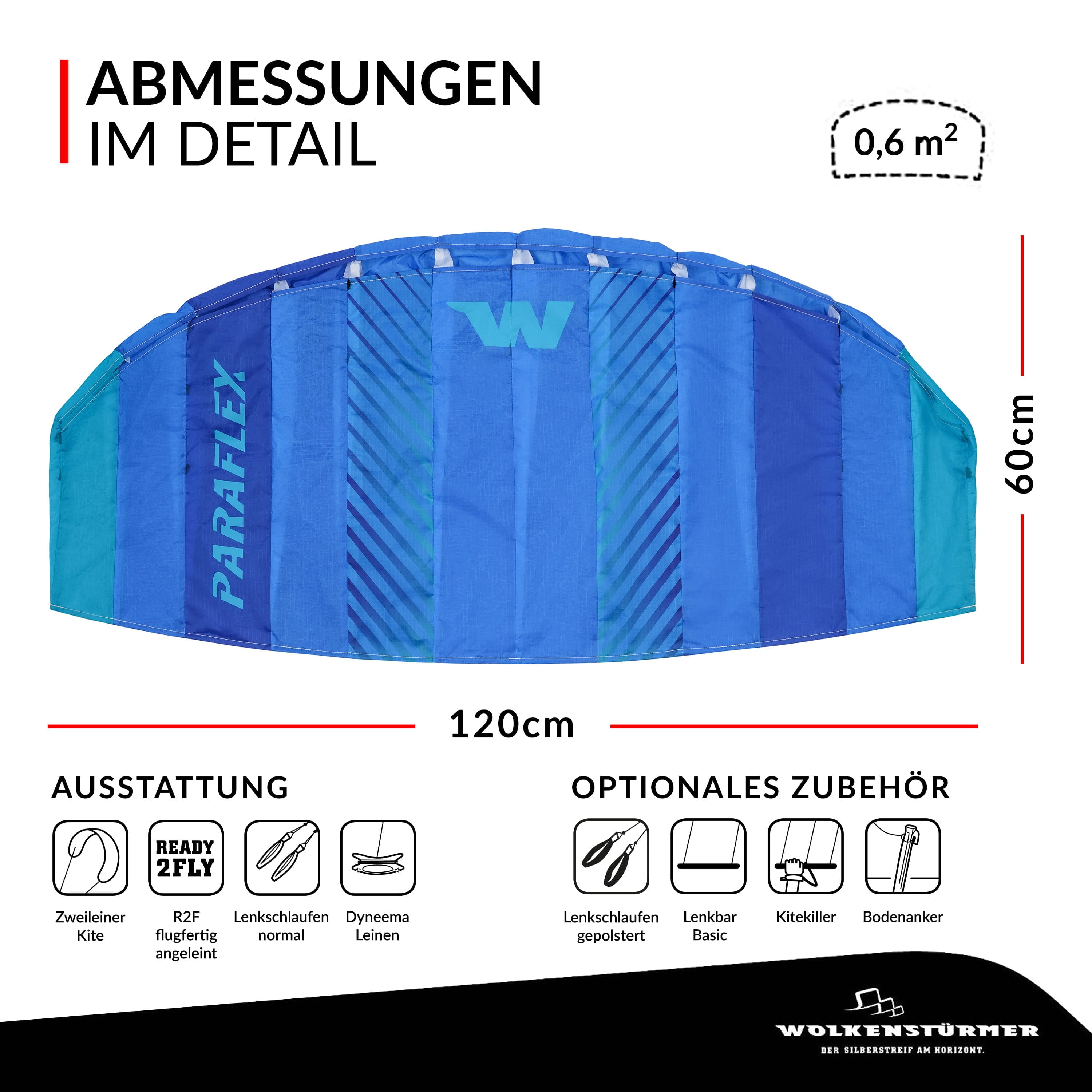 Wolkenstürmer Lenkmatte Paraflex Basic 1.2 blau-türkis als Grafik mit Maßangaben