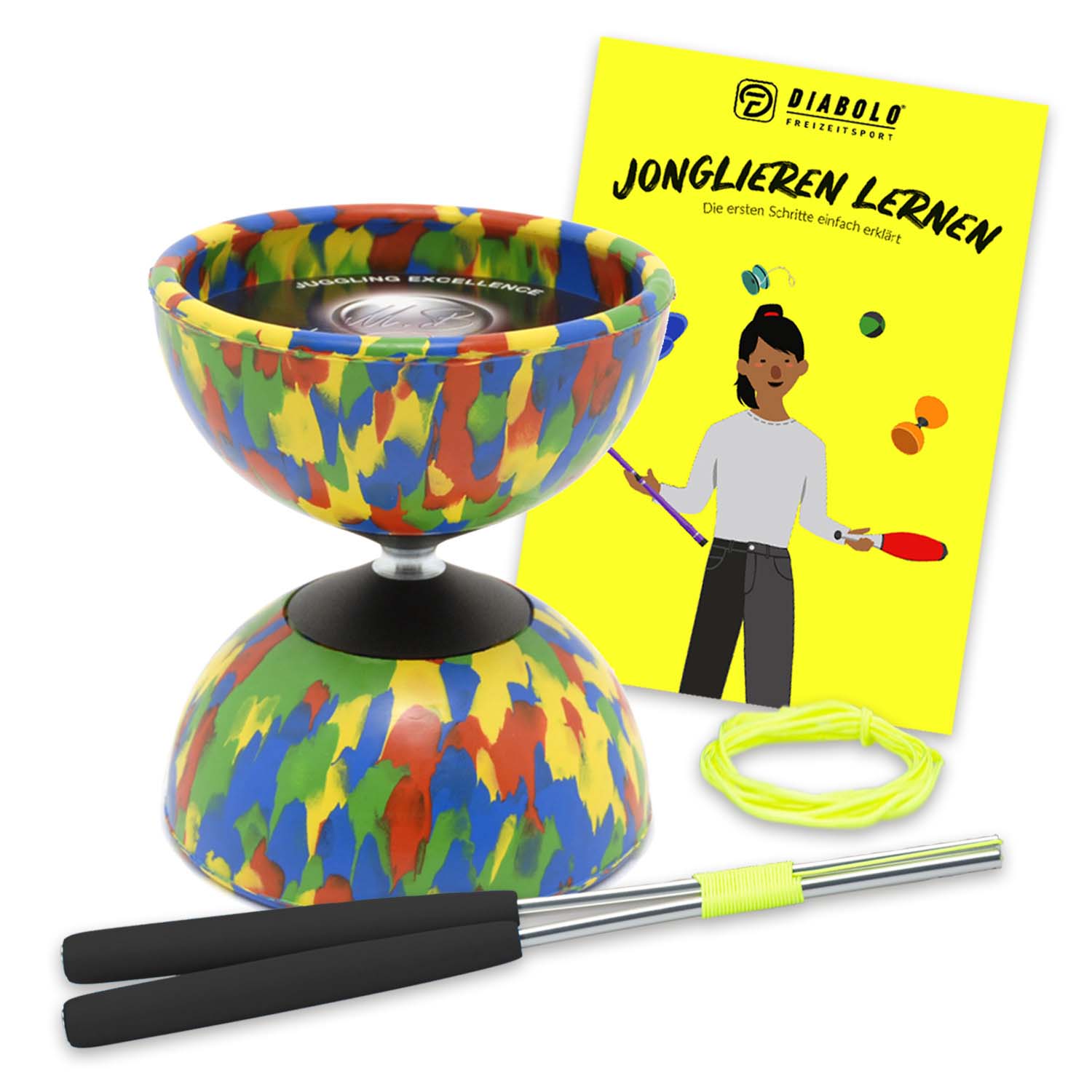 Mister Babache - Diabolo Harlekin Medium Set Blau Rot Gelb Grün 001 Mister Babache - Diabolo Harlekin Medium Set Blau Rot Gelb Grün 001